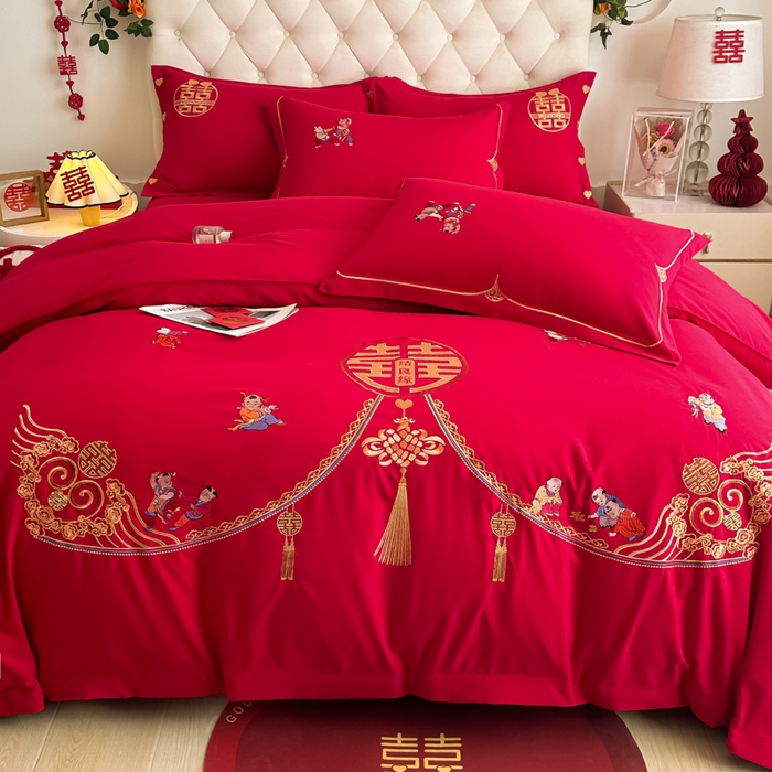 91家纺网 家纺一手货源 找家纺 梵克保罗 2025新款140高克重磨毛亲肤棉刺绣婚庆四件套 百子迎喜