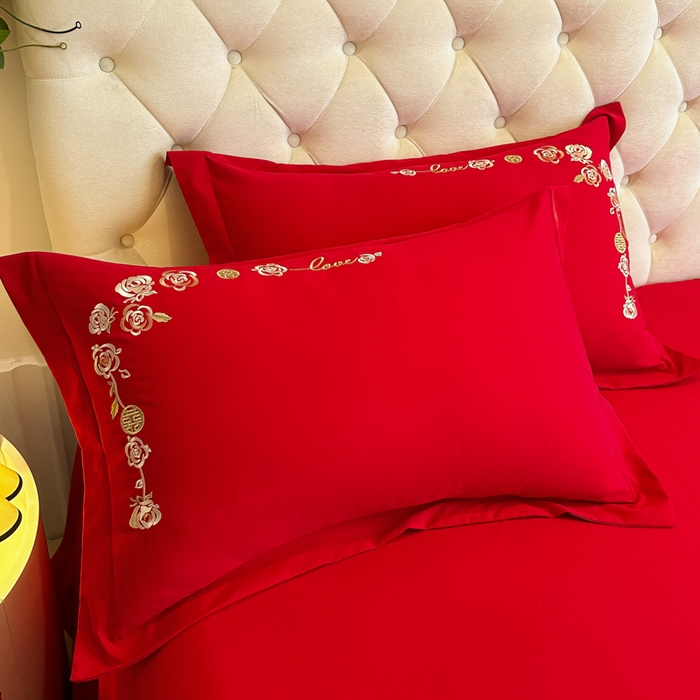 91家纺网 家纺一手货源 找家纺 梵克保罗 2025新款140高克重磨毛亲肤棉刺绣婚庆四件套 良辰喜事