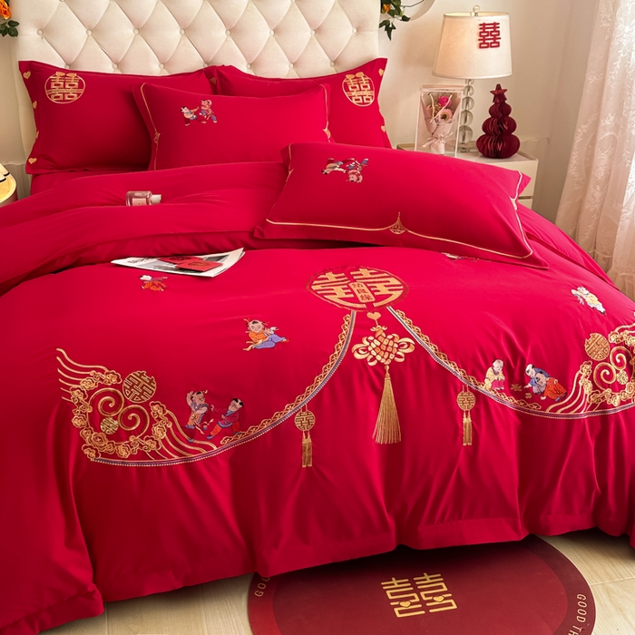 91家纺网 家纺一手货源 找家纺 梵克保罗 2025新款140高克重磨毛亲肤棉刺绣婚庆四件套 百子迎喜