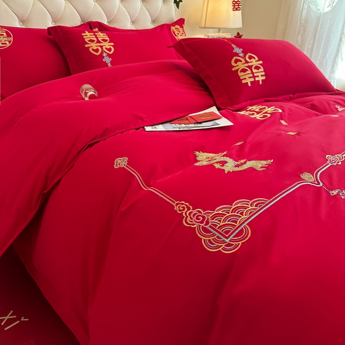 91家纺网 家纺一手货源 找家纺 梵克保罗 2025新款140高克重磨毛亲肤棉刺绣婚庆四件套 龙凤呈喜