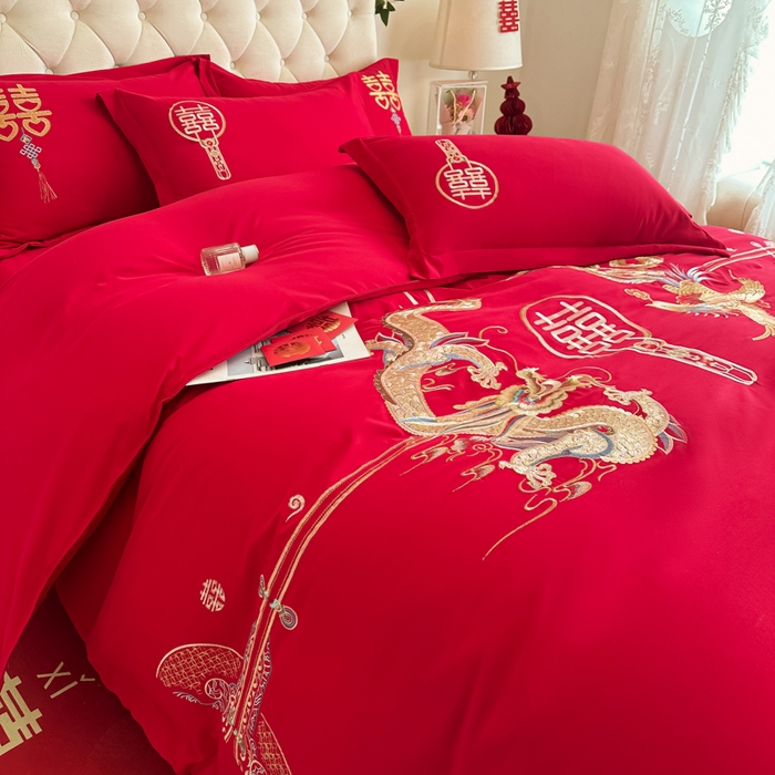 91家纺网 家纺一手货源 找家纺 梵克保罗 2025新款140高克重磨毛亲肤棉刺绣婚庆四件套 盘龙戏凤