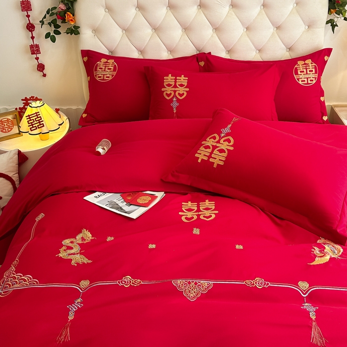 91家纺网 家纺一手货源 找家纺 梵克保罗 2025新款140高克重磨毛亲肤棉刺绣婚庆四件套 龙凤呈喜