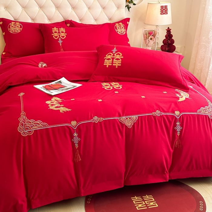 91家纺网 家纺一手货源 找家纺 梵克保罗 2025新款140高克重磨毛亲肤棉刺绣婚庆四件套 龙凤呈喜