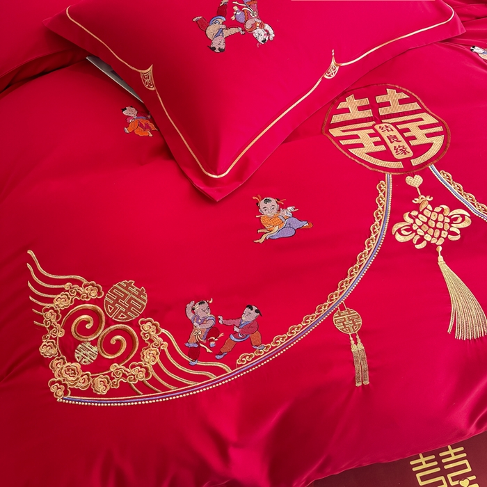 91家纺网 家纺一手货源 找家纺 梵克保罗 2025新款140高克重磨毛亲肤棉刺绣婚庆四件套 百子迎喜