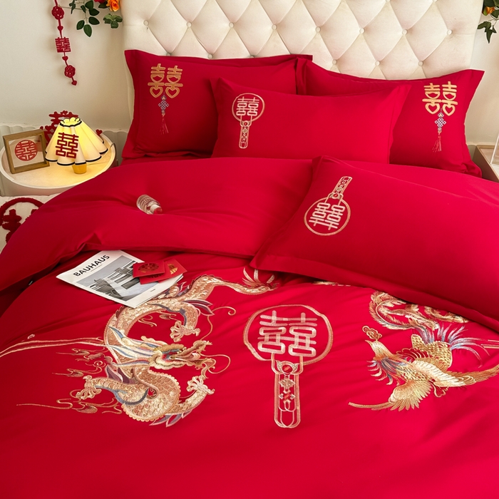 91家纺网 家纺一手货源 找家纺 梵克保罗 2025新款140高克重磨毛亲肤棉刺绣婚庆四件套 盘龙戏凤