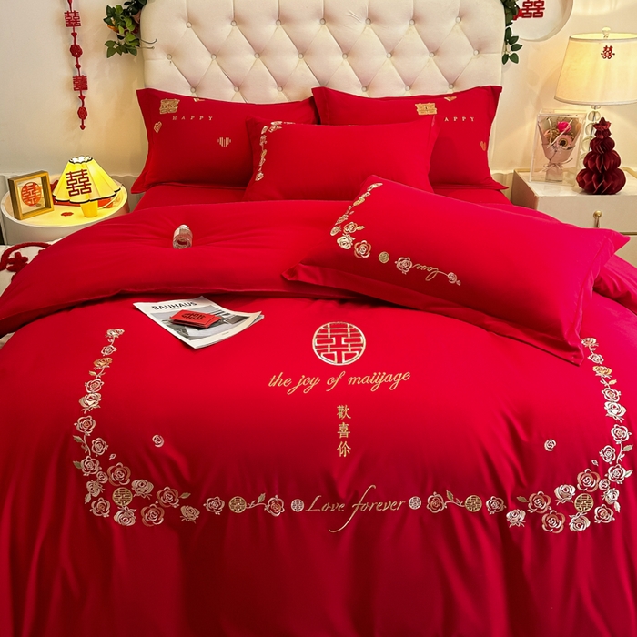 91家纺网 家纺一手货源 找家纺 梵克保罗 2025新款140高克重磨毛亲肤棉刺绣婚庆四件套 良辰喜事