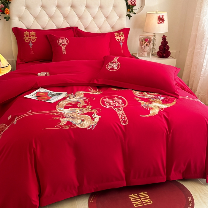 91家纺网 家纺一手货源 找家纺 梵克保罗 2025新款140高克重磨毛亲肤棉刺绣婚庆四件套 盘龙戏凤