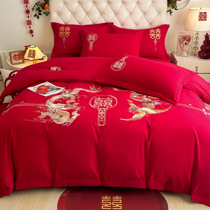 91家纺网 家纺一手货源 找家纺 梵克保罗 2025新款140高克重磨毛亲肤棉刺绣婚庆四件套 盘龙戏凤