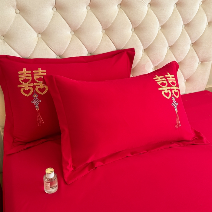 91家纺网 家纺一手货源 找家纺 梵克保罗 2025新款140高克重磨毛亲肤棉刺绣婚庆四件套 龙凤呈喜