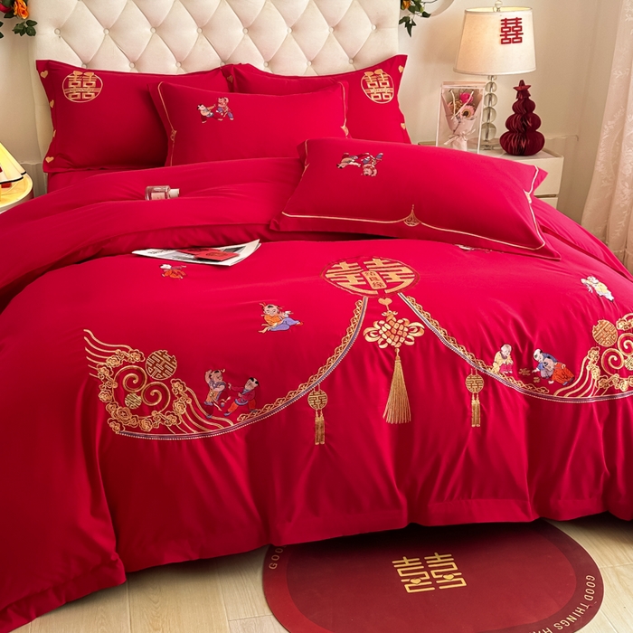 91家纺网 家纺一手货源 找家纺 梵克保罗 2025新款140高克重磨毛亲肤棉刺绣婚庆四件套 百子迎喜