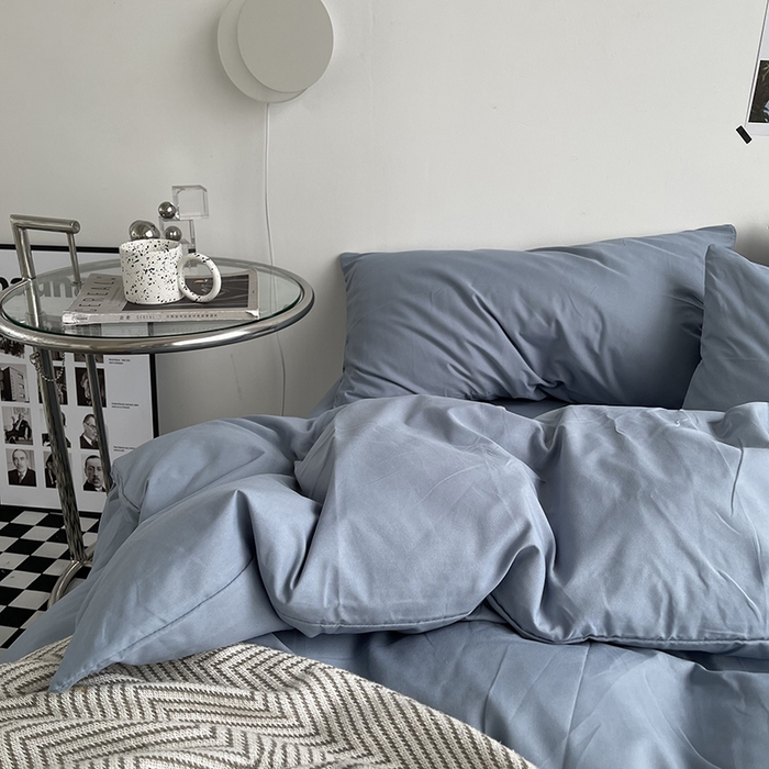 91家纺网 家纺一手货源 找家纺 梵克保罗 2025新款ins风小红书同款纯色双拼水洗棉四件套学生三件套亲肤加厚磨毛四件套混搭系列-单被套单枕套 纯色雾蓝