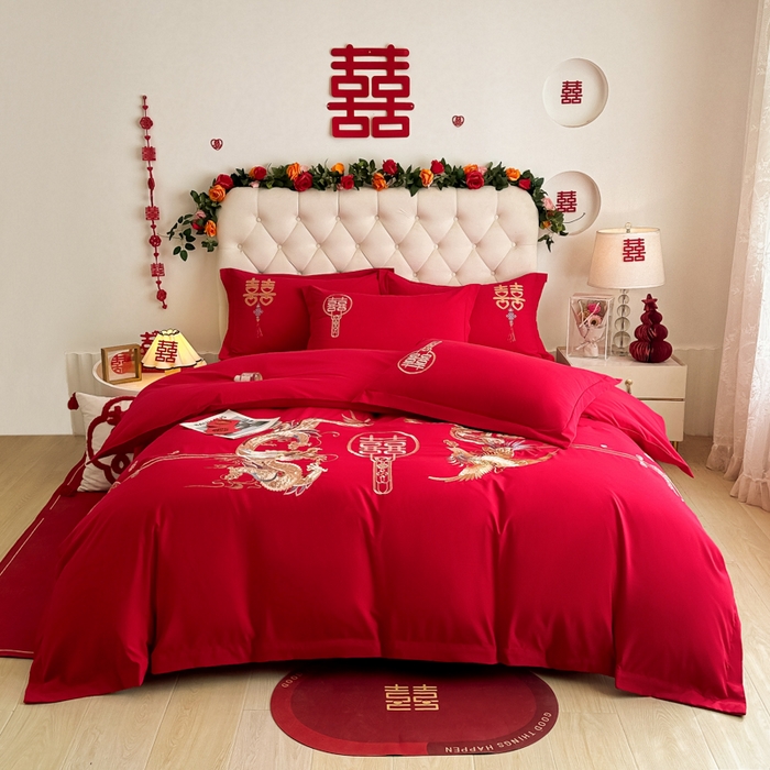 91家纺网 家纺一手货源 找家纺 梵克保罗 2025新款140高克重磨毛亲肤棉刺绣婚庆四件套 盘龙戏凤