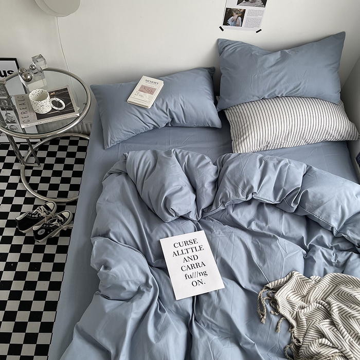 91家纺网 家纺一手货源 找家纺 梵克保罗 2025新款ins风小红书同款纯色双拼水洗棉四件套学生三件套亲肤加厚磨毛四件套混搭系列-单被套单枕套 纯色雾蓝