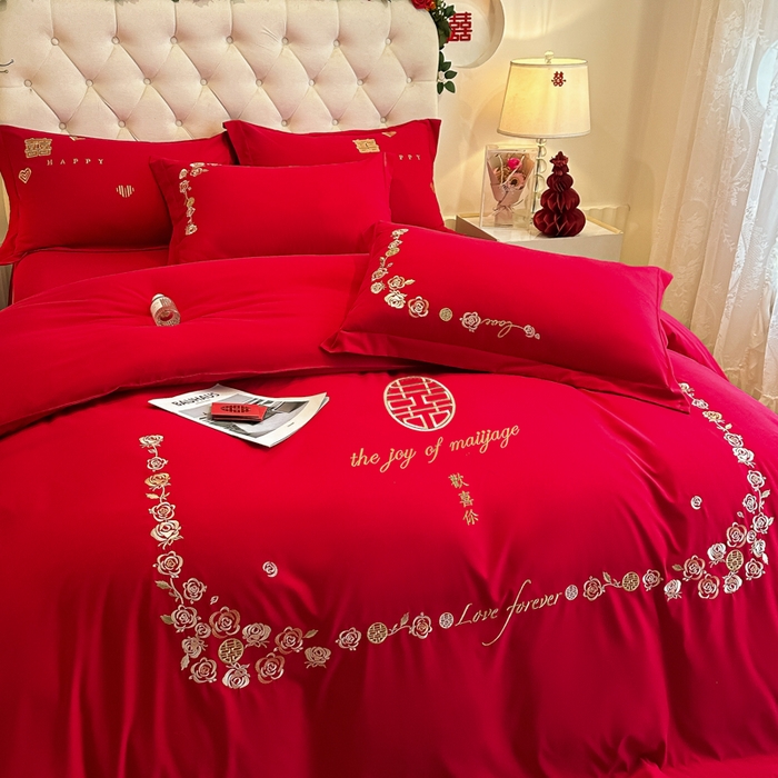 91家纺网 家纺一手货源 找家纺 梵克保罗 2025新款140高克重磨毛亲肤棉刺绣婚庆四件套 良辰喜事