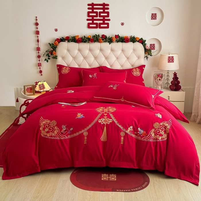 91家纺网 家纺一手货源 找家纺 （总）梵克保罗 2025新款140高克重磨毛亲肤棉刺绣婚庆四件套