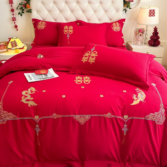 91家纺网 家纺一手货源 找家纺 梵克保罗 2025新款140高克重磨毛亲肤棉刺绣婚庆四件套 龙凤呈喜