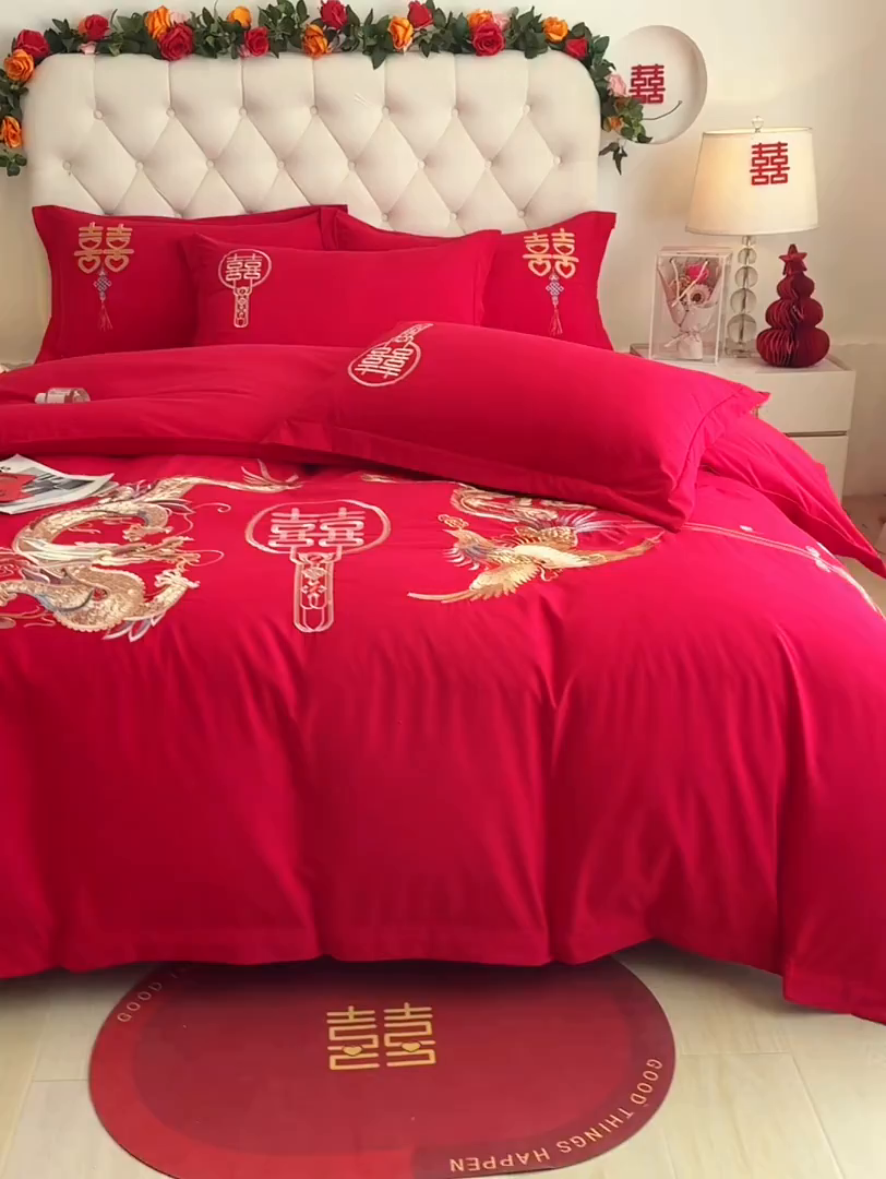 91家纺网 家纺一手货源 找家纺 梵克保罗 2025新款140高克重磨毛亲肤棉刺绣婚庆四件套 盘龙戏凤