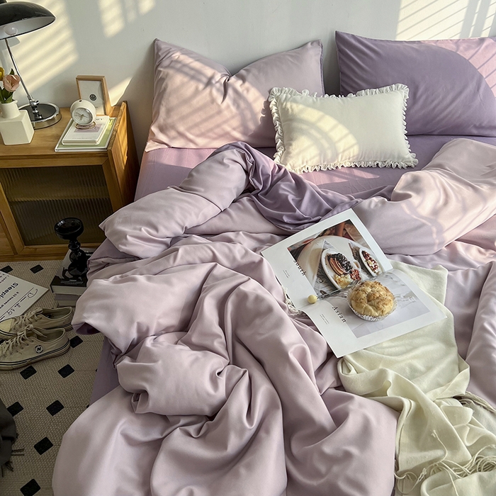 91家纺网 家纺一手货源 找家纺 梵克保罗 2025新款ins风小红书同款纯色双拼水洗棉四件套学生三件套亲肤加厚磨毛四件套混搭系列-单被套单枕套 双拼-紫薯芋泥