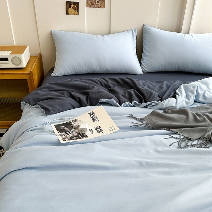 91家纺网 家纺一手货源 找家纺 梵克保罗 2025新款ins风小红书同款纯色双拼水洗棉四件套学生三件套亲肤加厚磨毛四件套混搭系列-单被套单枕套 双拼-海蓝灰