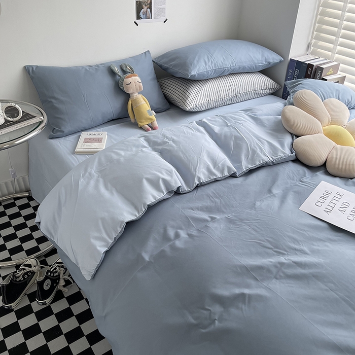 91家纺网 家纺一手货源 找家纺 梵克保罗 2025新款ins风小红书同款纯色双拼水洗棉四件套学生三件套亲肤加厚磨毛四件套混搭系列-单被套单枕套 双拼-月光雾蓝