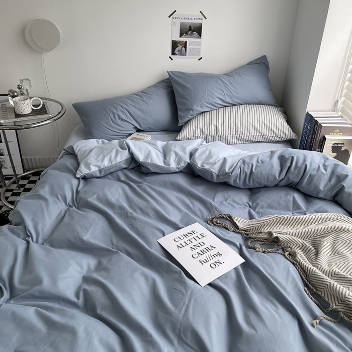 91家纺网 家纺一手货源 找家纺 梵克保罗 2025新款ins风小红书同款纯色双拼水洗棉四件套学生三件套亲肤加厚磨毛四件套混搭系列-单被套单枕套 双拼-月光雾蓝
