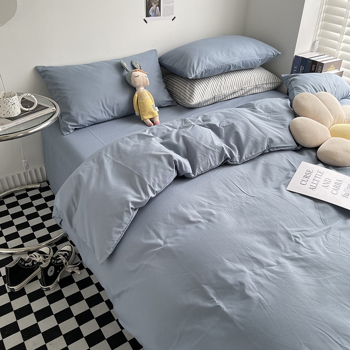 91家纺网 家纺一手货源 找家纺 梵克保罗 2025新款ins风小红书同款纯色双拼水洗棉四件套学生三件套亲肤加厚磨毛四件套混搭系列-单被套单枕套 纯色雾蓝