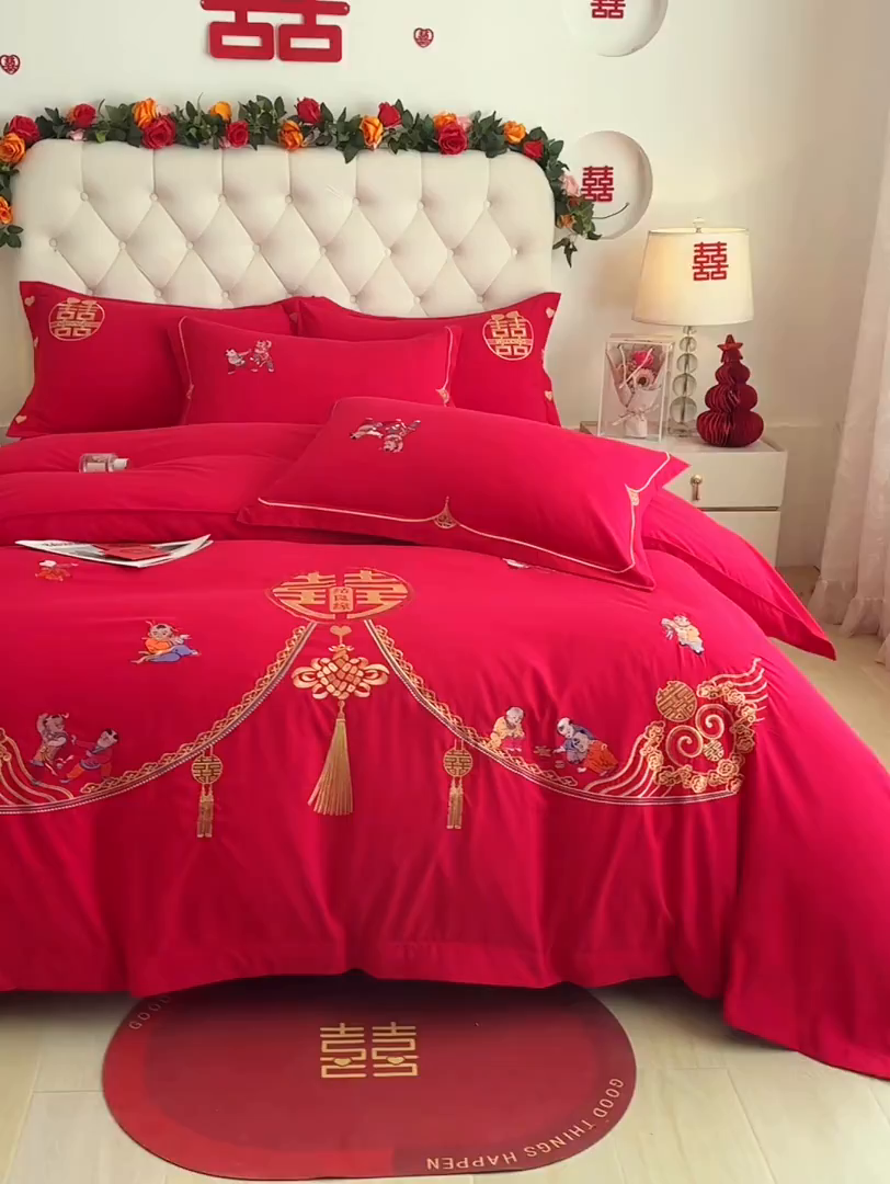 91家纺网 家纺一手货源 找家纺 梵克保罗 2025新款140高克重磨毛亲肤棉刺绣婚庆四件套 百子迎喜