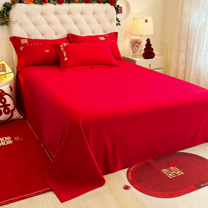 91家纺网 家纺一手货源 找家纺 梵克保罗 2025新款140高克重磨毛亲肤棉刺绣婚庆四件套 良辰喜事