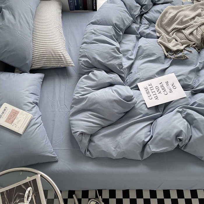 91家纺网 家纺一手货源 找家纺 梵克保罗 2025新款ins风小红书同款纯色双拼水洗棉四件套学生三件套亲肤加厚磨毛四件套混搭系列-单被套单枕套 纯色雾蓝