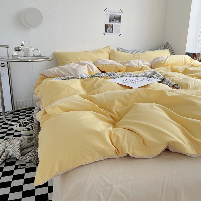 91家纺网 家纺一手货源 找家纺 梵克保罗 2025新款ins风小红书同款纯色双拼水洗棉四件套学生三件套亲肤加厚磨毛四件套混搭系列-单被套单枕套 双拼-炭烤起司