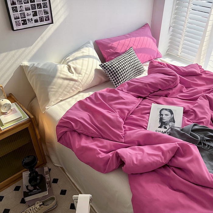 91家纺网 家纺一手货源 找家纺 梵克保罗 2025新款ins风小红书同款纯色双拼水洗棉四件套学生三件套亲肤加厚磨毛四件套混搭系列-单被套单枕套 双拼-慕斯玫瑰