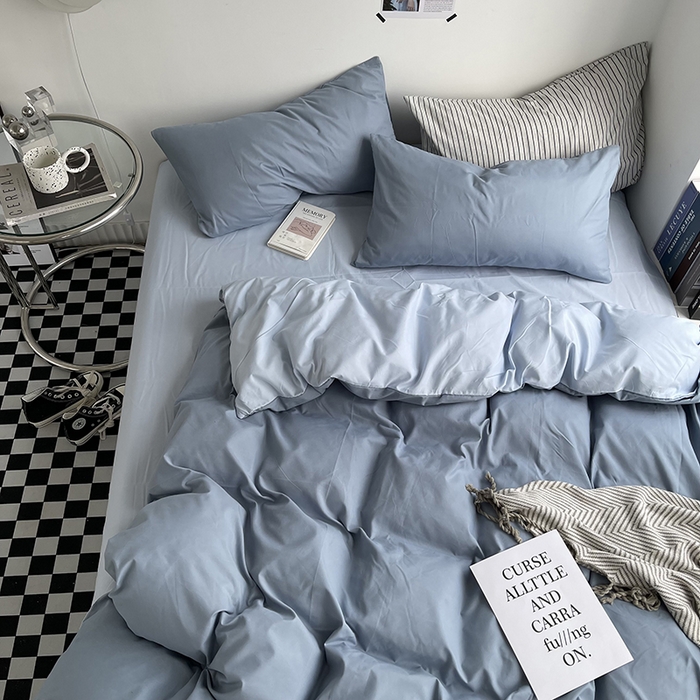 91家纺网 家纺一手货源 找家纺 梵克保罗 2025新款ins风小红书同款纯色双拼水洗棉四件套学生三件套亲肤加厚磨毛四件套混搭系列-单被套单枕套 双拼-月光雾蓝