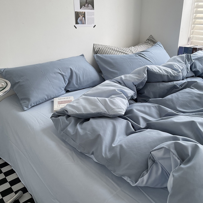 91家纺网 家纺一手货源 找家纺 梵克保罗 2025新款ins风小红书同款纯色双拼水洗棉四件套学生三件套亲肤加厚磨毛四件套混搭系列-单被套单枕套 双拼-月光雾蓝