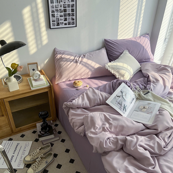 91家纺网 家纺一手货源 找家纺 梵克保罗 2025新款ins风小红书同款纯色双拼水洗棉四件套学生三件套亲肤加厚磨毛四件套混搭系列-单被套单枕套 双拼-紫薯芋泥