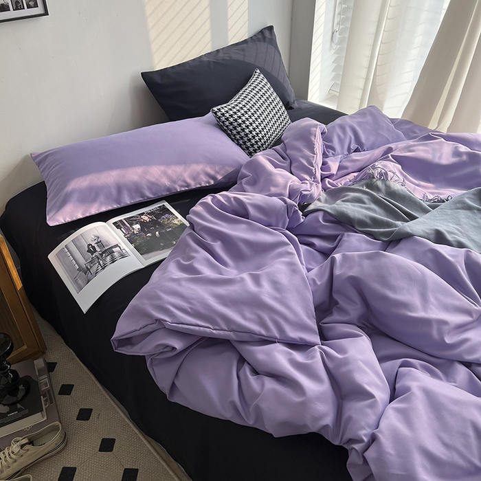 91家纺网 家纺一手货源 找家纺 梵克保罗 2025新款ins风小红书同款纯色双拼水洗棉四件套学生三件套亲肤加厚磨毛四件套混搭系列-单被套单枕套 混搭-葡萄紫黑