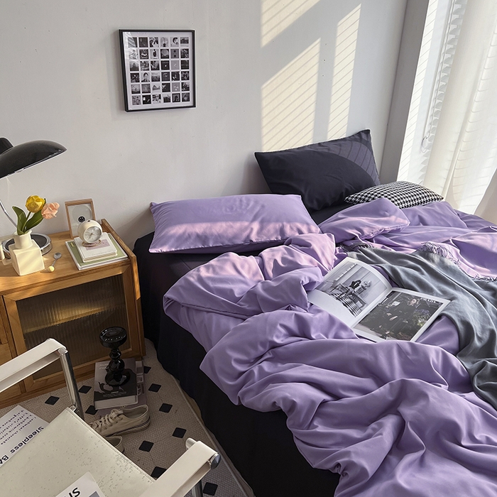 91家纺网 家纺一手货源 找家纺 梵克保罗 2025新款ins风小红书同款纯色双拼水洗棉四件套学生三件套亲肤加厚磨毛四件套混搭系列-单被套单枕套 混搭-葡萄紫黑