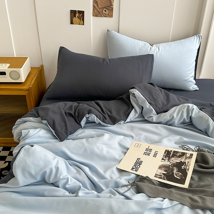 91家纺网 家纺一手货源 找家纺 梵克保罗 2025新款ins风小红书同款纯色双拼水洗棉四件套学生三件套亲肤加厚磨毛四件套混搭系列-单被套单枕套 双拼-海蓝灰