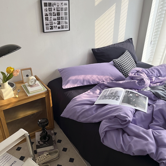 91家纺网 家纺一手货源 找家纺 梵克保罗 2025新款ins风小红书同款纯色双拼水洗棉四件套学生三件套亲肤加厚磨毛四件套混搭系列-单被套单枕套 混搭-葡萄紫黑