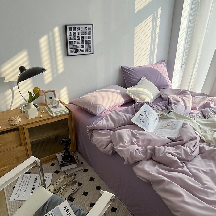 91家纺网 家纺一手货源 找家纺 梵克保罗 2025新款ins风小红书同款纯色双拼水洗棉四件套学生三件套亲肤加厚磨毛四件套混搭系列-单被套单枕套 双拼-紫薯芋泥