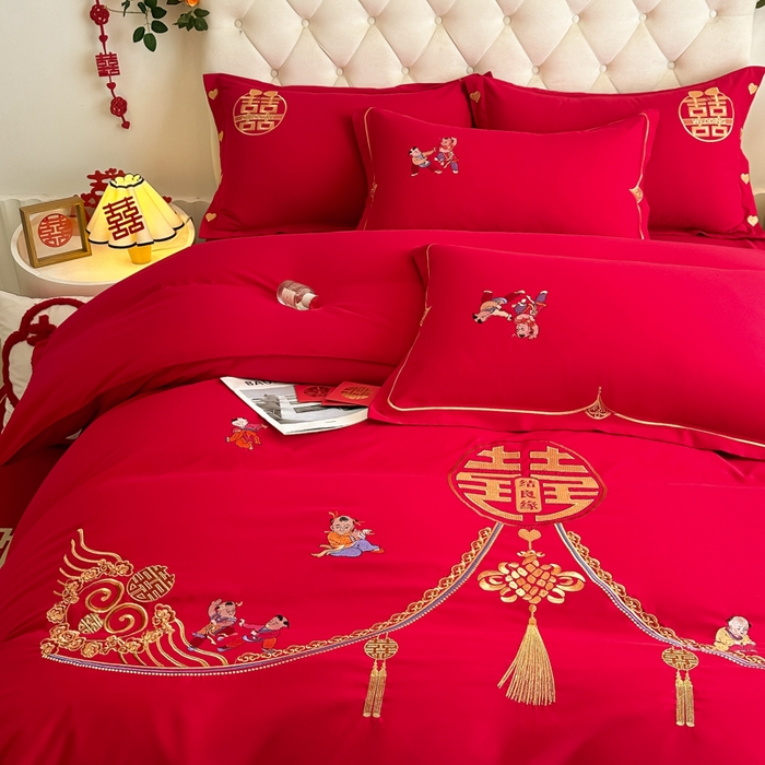 91家纺网 家纺一手货源 找家纺 梵克保罗 2025新款140高克重磨毛亲肤棉刺绣婚庆四件套 百子迎喜