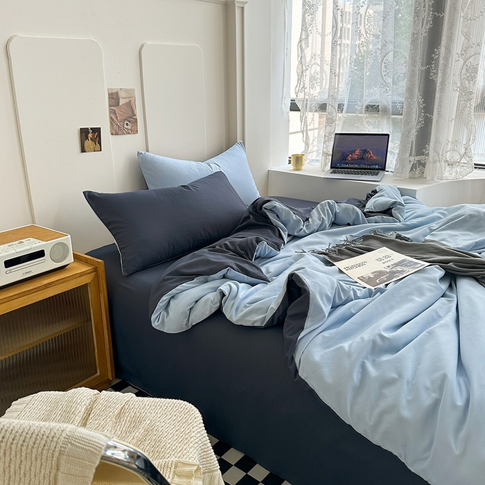 91家纺网 家纺一手货源 找家纺 梵克保罗 2025新款ins风小红书同款纯色双拼水洗棉四件套学生三件套亲肤加厚磨毛四件套混搭系列-单被套单枕套 双拼-海蓝灰