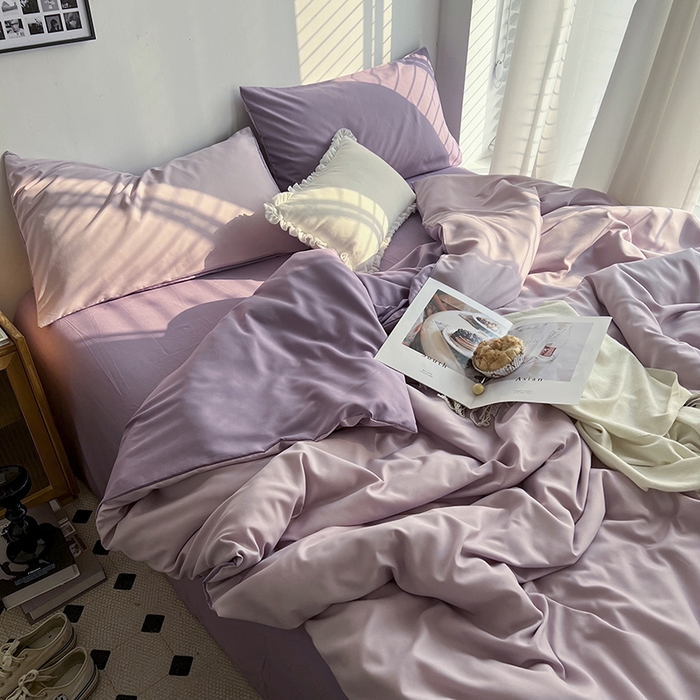 91家纺网 家纺一手货源 找家纺 梵克保罗 2025新款ins风小红书同款纯色双拼水洗棉四件套学生三件套亲肤加厚磨毛四件套混搭系列-单被套单枕套 双拼-紫薯芋泥