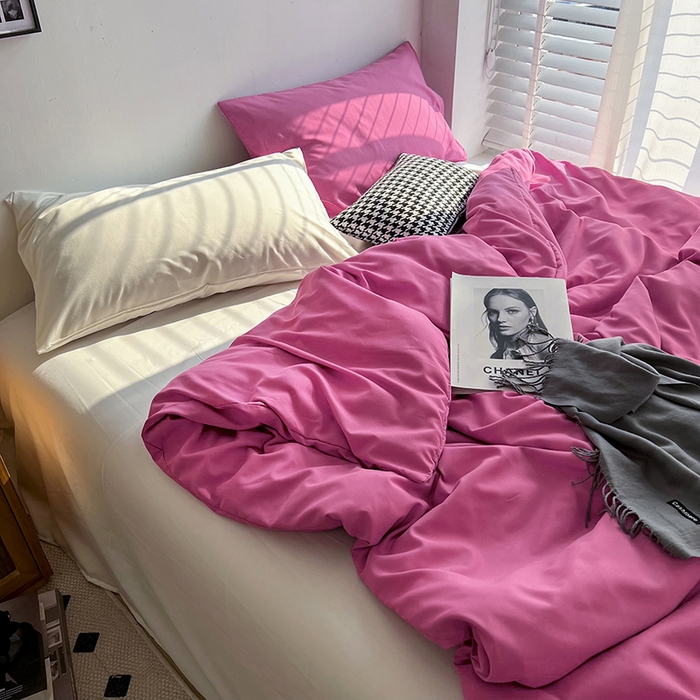 91家纺网 家纺一手货源 找家纺 梵克保罗 2025新款ins风小红书同款纯色双拼水洗棉四件套学生三件套亲肤加厚磨毛四件套混搭系列-单被套单枕套 双拼-慕斯玫瑰