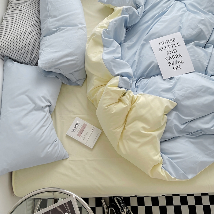 91家纺网 家纺一手货源 找家纺 梵克保罗 2025新款ins风小红书同款纯色双拼水洗棉四件套学生三件套亲肤加厚磨毛四件套混搭系列-单被套单枕套 双拼-浅蓝芝士