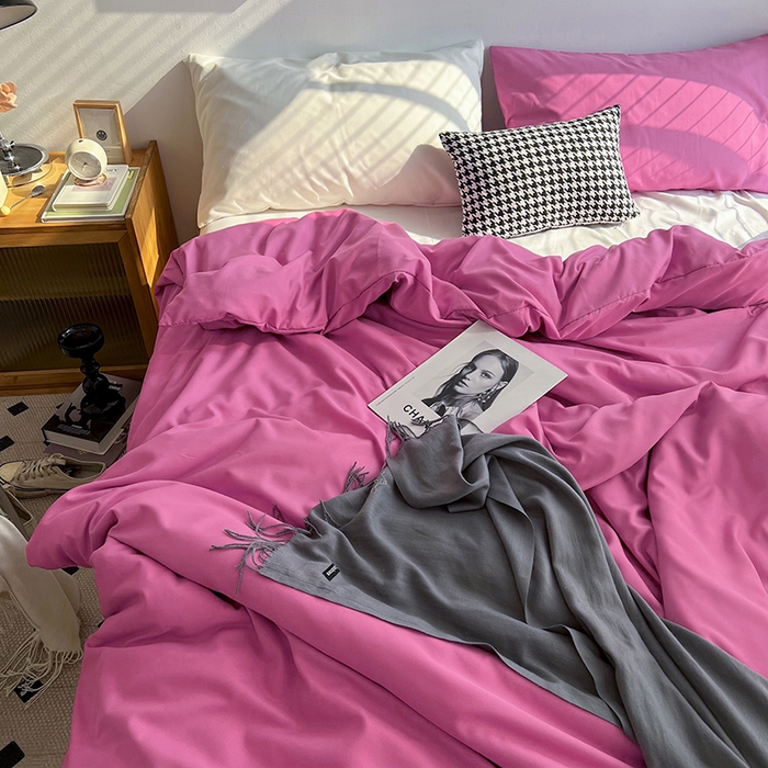 91家纺网 家纺一手货源 找家纺 梵克保罗 2025新款ins风小红书同款纯色双拼水洗棉四件套学生三件套亲肤加厚磨毛四件套混搭系列-单被套单枕套 双拼-慕斯玫瑰