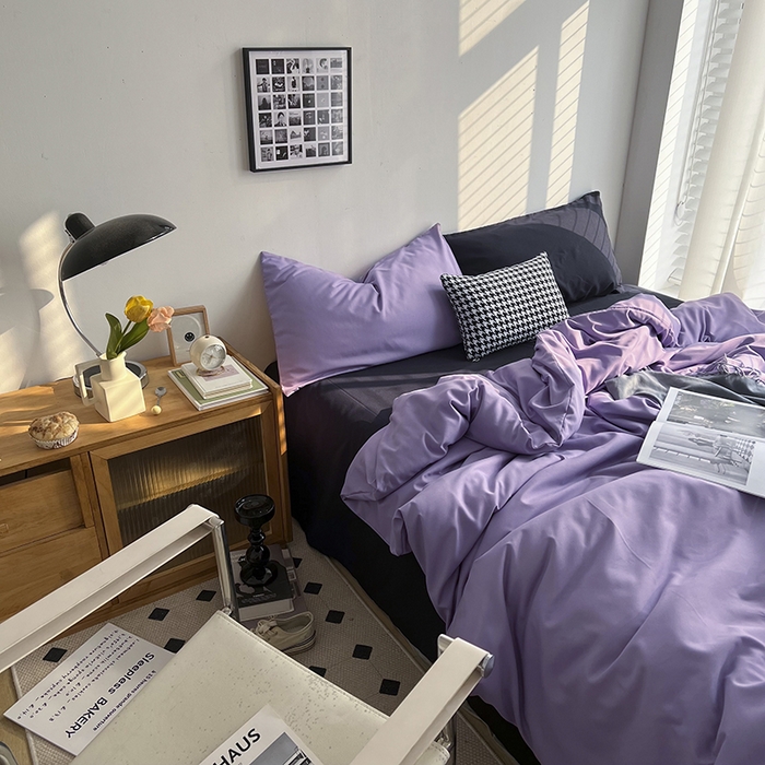91家纺网 家纺一手货源 找家纺 梵克保罗 2025新款ins风小红书同款纯色双拼水洗棉四件套学生三件套亲肤加厚磨毛四件套混搭系列-单被套单枕套 混搭-葡萄紫黑