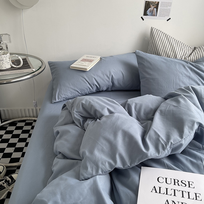 91家纺网 家纺一手货源 找家纺 梵克保罗 2025新款ins风小红书同款纯色双拼水洗棉四件套学生三件套亲肤加厚磨毛四件套混搭系列-单被套单枕套 纯色雾蓝