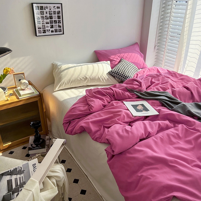 91家纺网 家纺一手货源 找家纺 梵克保罗 2025新款ins风小红书同款纯色双拼水洗棉四件套学生三件套亲肤加厚磨毛四件套混搭系列-单被套单枕套 双拼-慕斯玫瑰