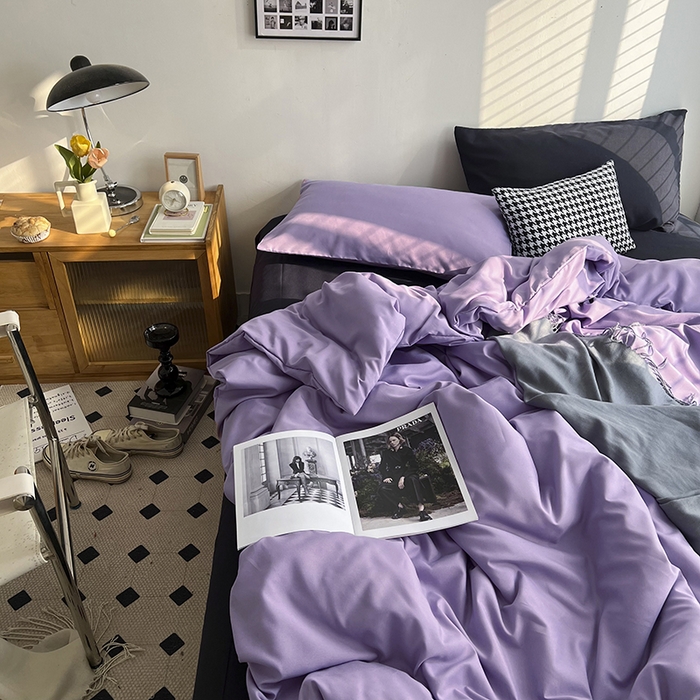 91家纺网 家纺一手货源 找家纺 梵克保罗 2025新款ins风小红书同款纯色双拼水洗棉四件套学生三件套亲肤加厚磨毛四件套混搭系列-单被套单枕套 混搭-葡萄紫黑