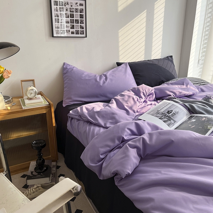 91家纺网 家纺一手货源 找家纺 梵克保罗 2025新款ins风小红书同款纯色双拼水洗棉四件套学生三件套亲肤加厚磨毛四件套混搭系列-单被套单枕套 混搭-葡萄紫黑